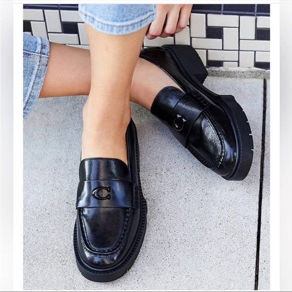 coach leah leather lug sole block heel loafers